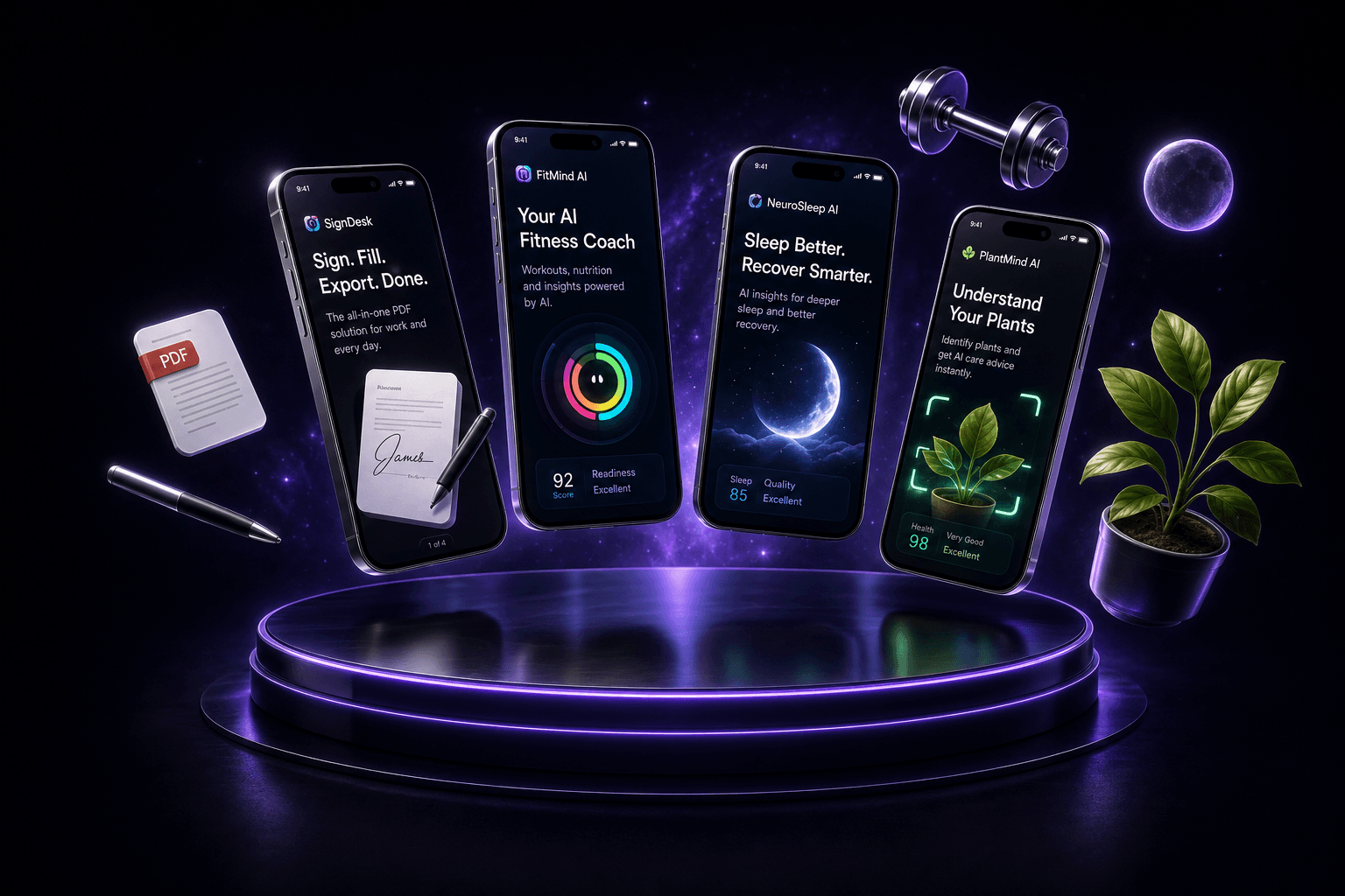 Altivra app showcase — SignDesk, FitMind, NeuroSleep, PlantMind, and ExpenseDesk floating above a glowing podium