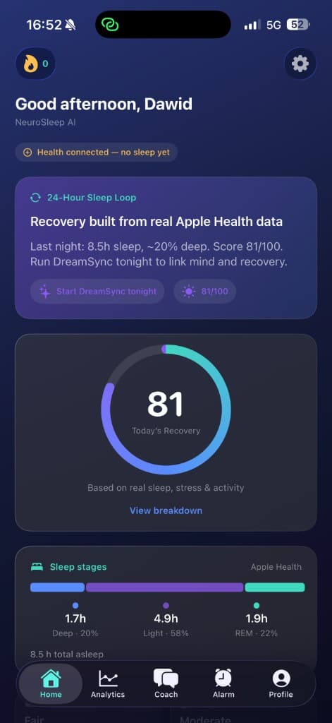 NeuroSleep Home screen